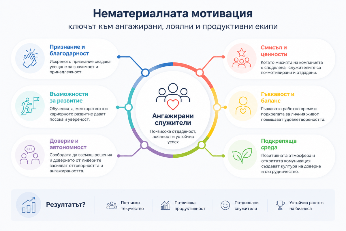 инфографика за видовете нематериална мотивация на работа
