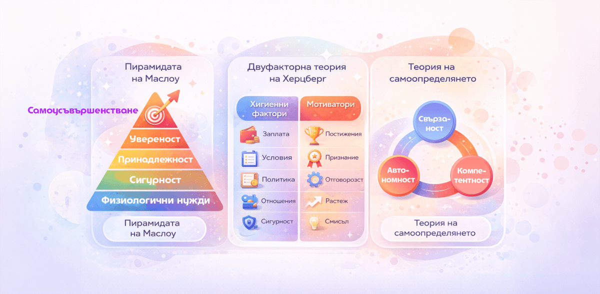 пирамида на маслоу, двуфакторна теория на херцберг, теория на самоопределянето