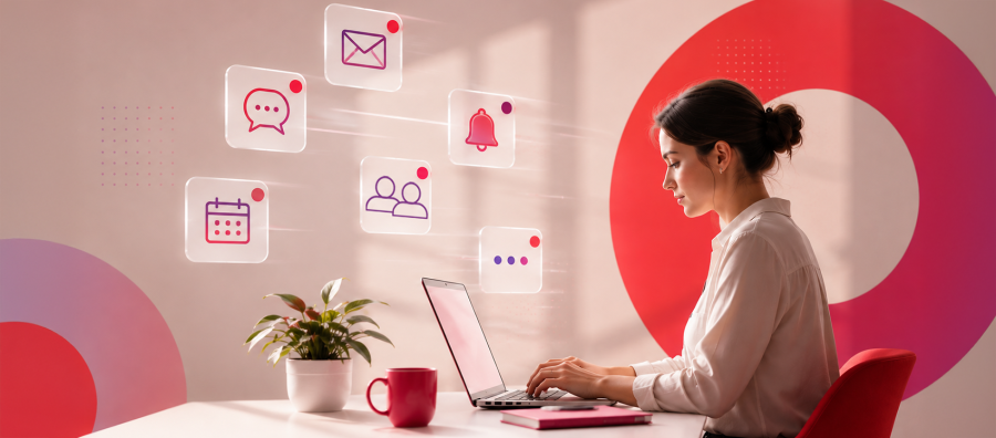 woman sitting on the computer working and all notifications floating around her